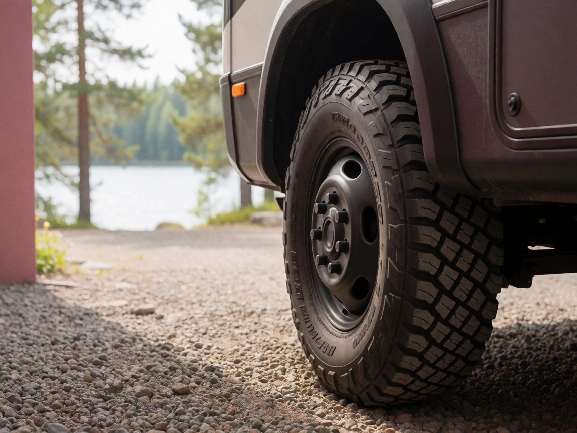 Close-up of an RV all-terrain tire resting on gravel with a blurred lake and trees in the background under natural light