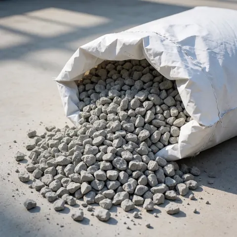 Open white plastic bag containing gray stones for roof insulation scattered on concrete under sunlight