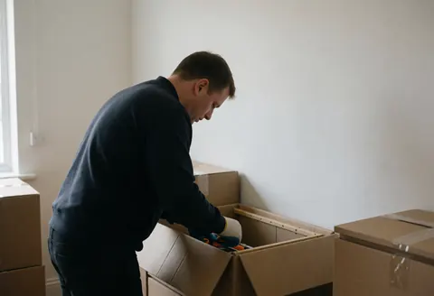 A technician wearing gloves packing a furniture piece into a cardboard box in a bright room with white walls