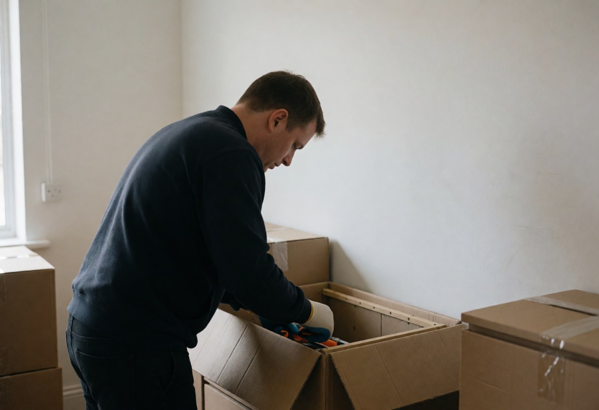 A technician wearing gloves packing a furniture piece into a cardboard box in a bright room with white walls