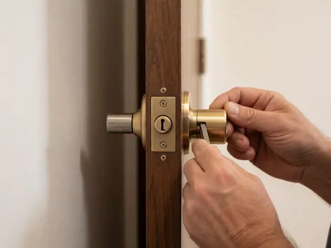 Close-up of a hand inserting a key into a bronze door lock on a wooden door with white walls in the background