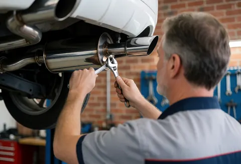 Mechanic using wrench to adjust shiny exhaust pipe in workshop with brick wall and tools in background