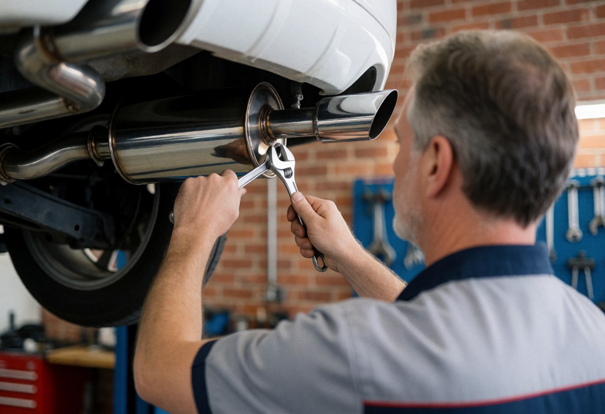 Mechanic using wrench to adjust shiny exhaust pipe in workshop with brick wall and tools in background