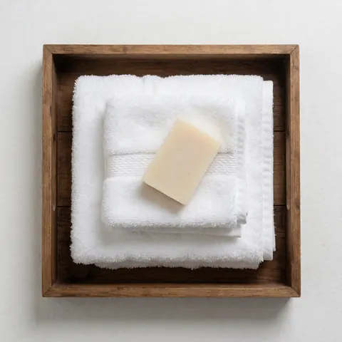 Folded white towels and natural soap on a rustic wooden tray against a white wall, ideal for rural lodging.