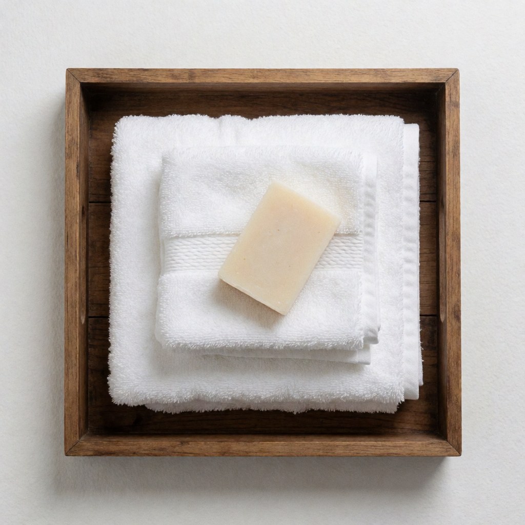 Folded white towels and natural soap on a rustic wooden tray against a white wall, ideal for rural lodging.
