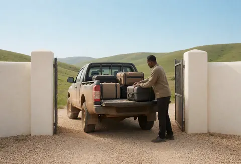 A man loads suitcases into the bed of a pickup truck near a rural entrance with green hills in the background