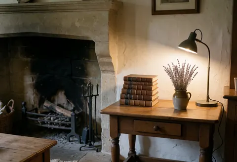 Rustic living room featuring a stone fireplace, a wooden table with books and lavender, and a desk lamp providing warm light.