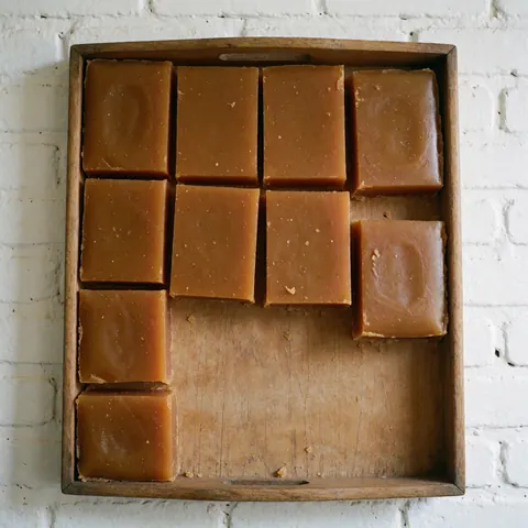 Artisanal panela pieces on a wooden tray against a white brick wall with natural lighting and visible crystallization texture