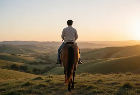 A young rider on a horse atop a green hill during a golden sunset over distant mountains.