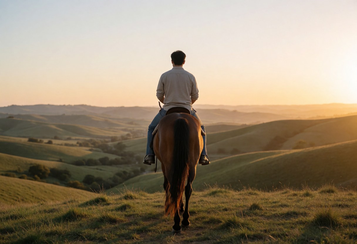 A young rider on a horse atop a green hill during a golden sunset over distant mountains.