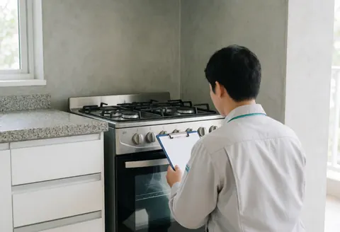 Technician in uniform inspecting a gas stove in a modern kitchen with white cabinets and granite countertop.