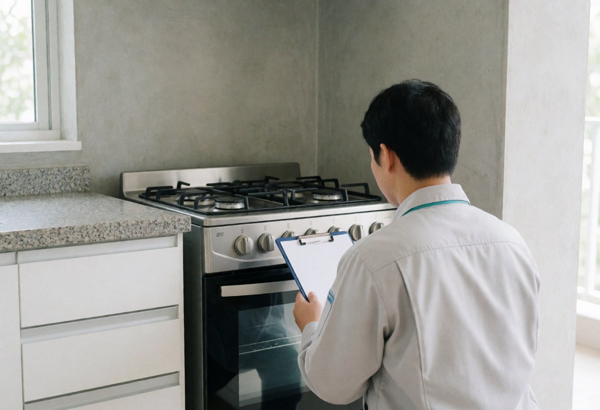 Technician in uniform inspecting a gas stove in a modern kitchen with white cabinets and granite countertop.
