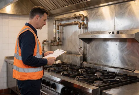 Technician in safety vest checking industrial gas stove in commercial kitchen with visible metal pipes and stainless steel surfaces
