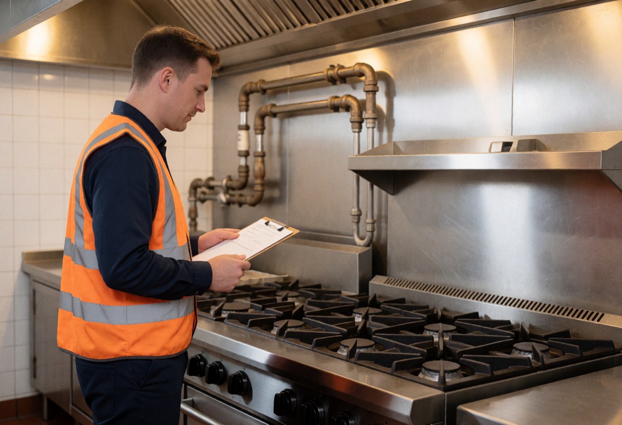 Technician in safety vest checking industrial gas stove in commercial kitchen with visible metal pipes and stainless steel surfaces