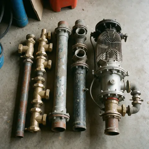 Top view of metal pipes, bronze valves, and an industrial burner on a concrete floor showing gas installation components