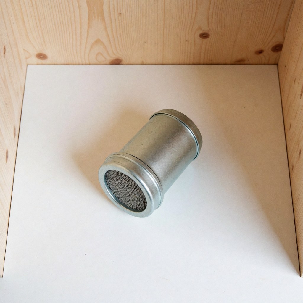 Top view of a cylindrical metal gas filter with mesh, placed in a wooden box on a white surface, suitable for gas installation products.