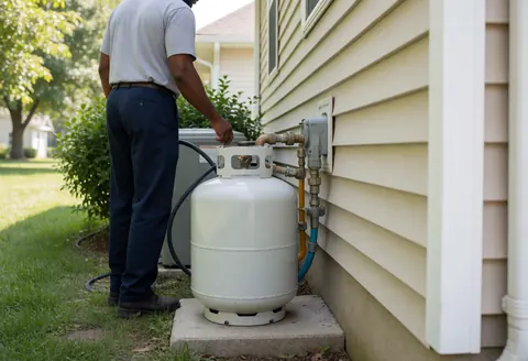 Technician checking gas tank connection in a sunny backyard with visible pipes and tools
