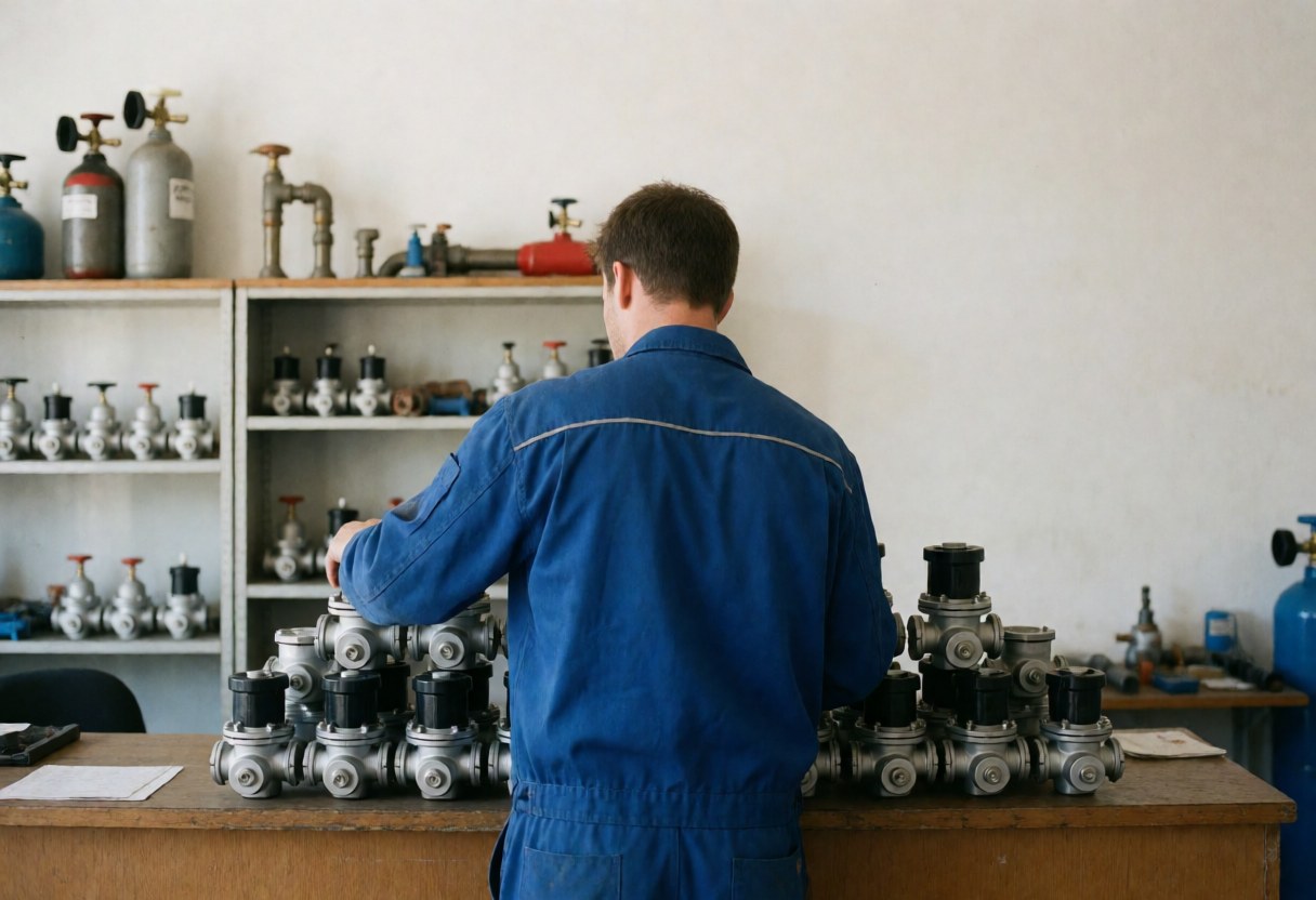 Technician in blue uniform organizing gas regulators on a wooden table with shelves of pipes and tanks in the background under natural light