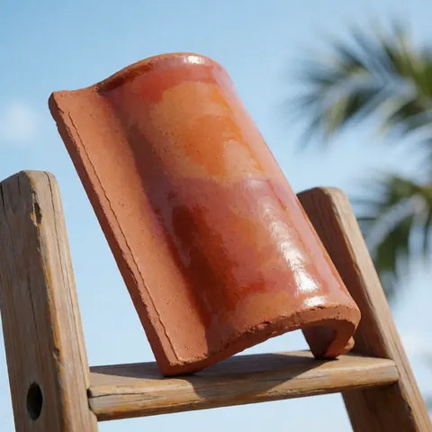 Shiny terracotta roofing sheet resting on a wooden ladder against a blue sky with blurred palm trees