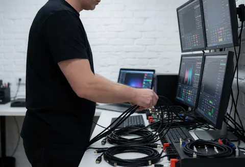 Videographer organizing HDMI cables on a desk with monitors and a white brick wall in a professional technical environment.