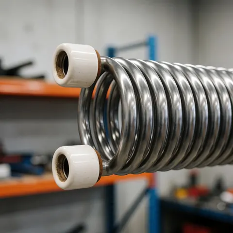 Close-up of an oven heating element featuring white ceramic insulators and a polished metal body against a blurred workshop background with shelves.