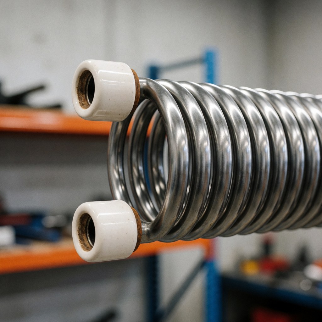 Close-up of an oven heating element featuring white ceramic insulators and a polished metal body against a blurred workshop background with shelves.