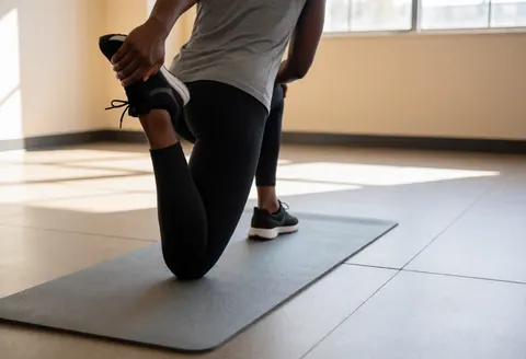 Person in athletic wear stretching quadriceps on a gray mat in a gym with rubber flooring and natural light