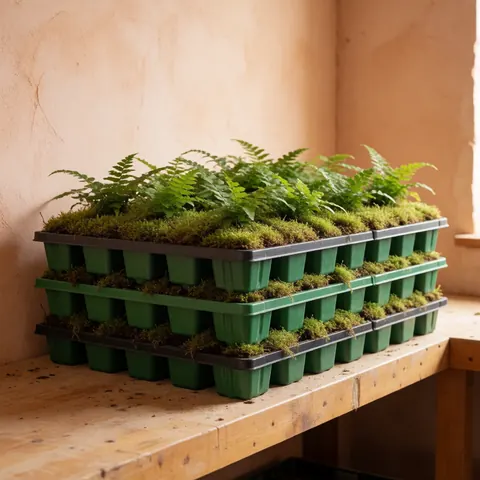 Green potted plants arranged on a wooden bench with light plaster walls and natural light, suitable for roofing business imagery.