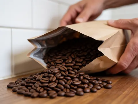 Roasted coffee beans falling from a paper bag onto a wooden table with hands holding the bag and a white tiled wall in the background