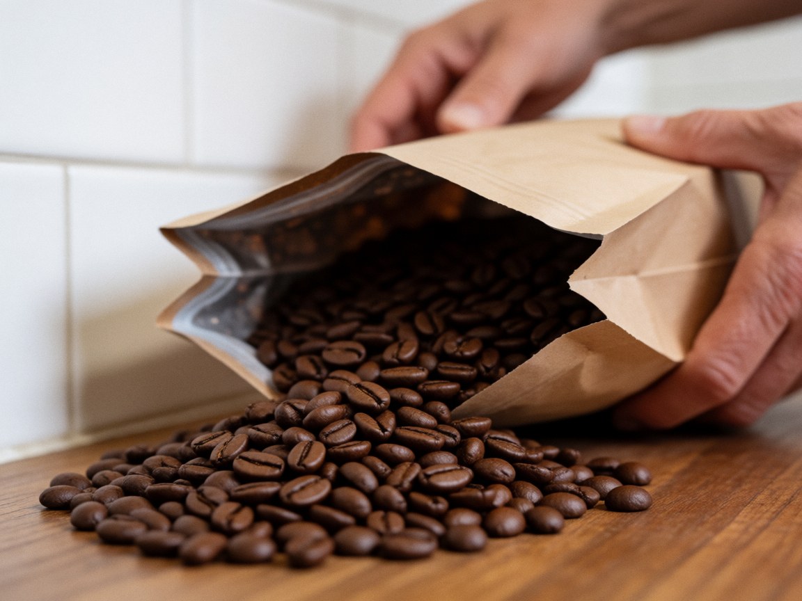 Roasted coffee beans falling from a paper bag onto a wooden table with hands holding the bag and a white tiled wall in the background