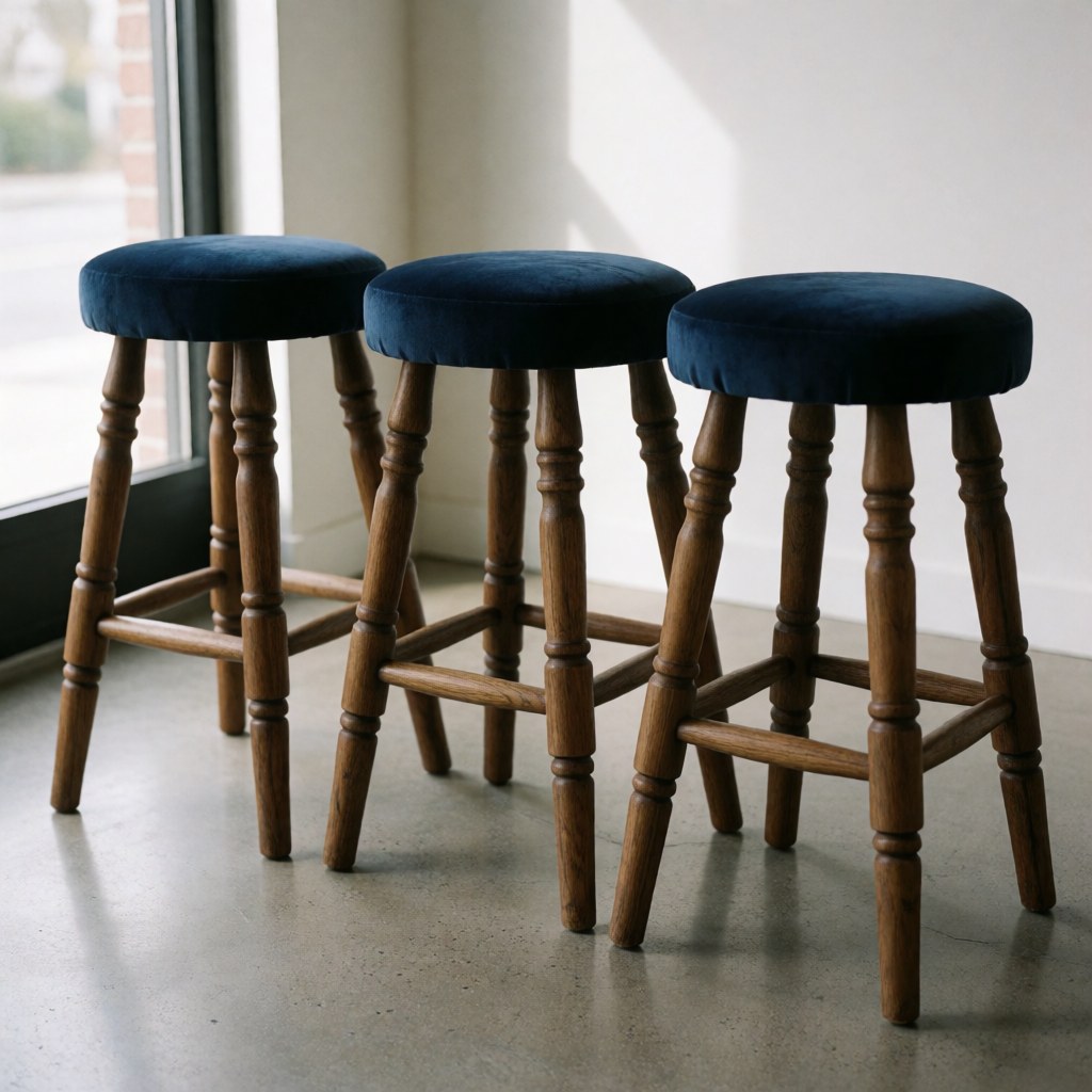 Three restored stools featuring dark blue velvet seats and polished wooden legs, set against a natural concrete background with soft window light.