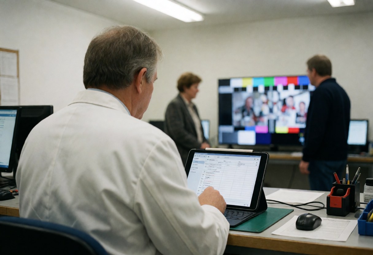 Technician reviewing logs on a tablet with a large test TV displaying a pattern in the background