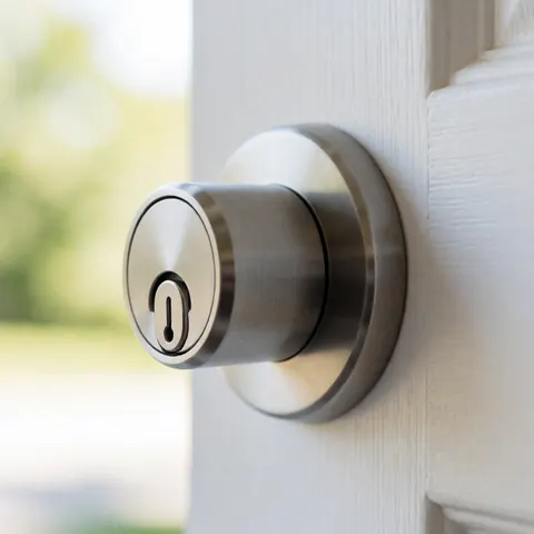 Close-up of a polished metal door lock cylinder on a white wooden door with a blurred background
