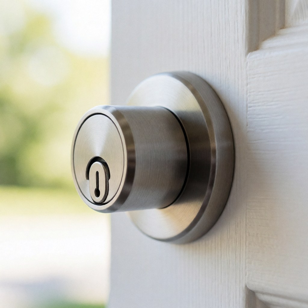 Close-up of a polished metal door lock cylinder on a white wooden door with a blurred background