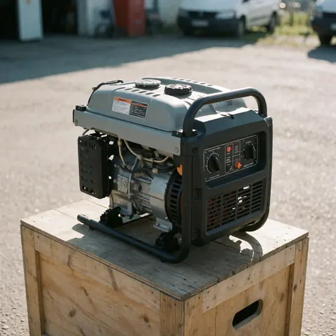Portable fuel generator with visible control panel resting on a wooden crate in an outdoor lot under natural light