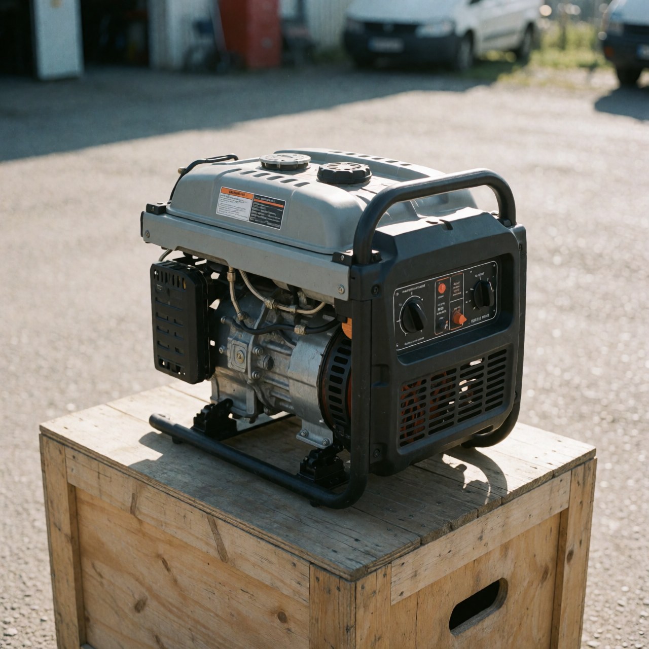 Portable fuel generator with visible control panel resting on a wooden crate in an outdoor lot under natural light