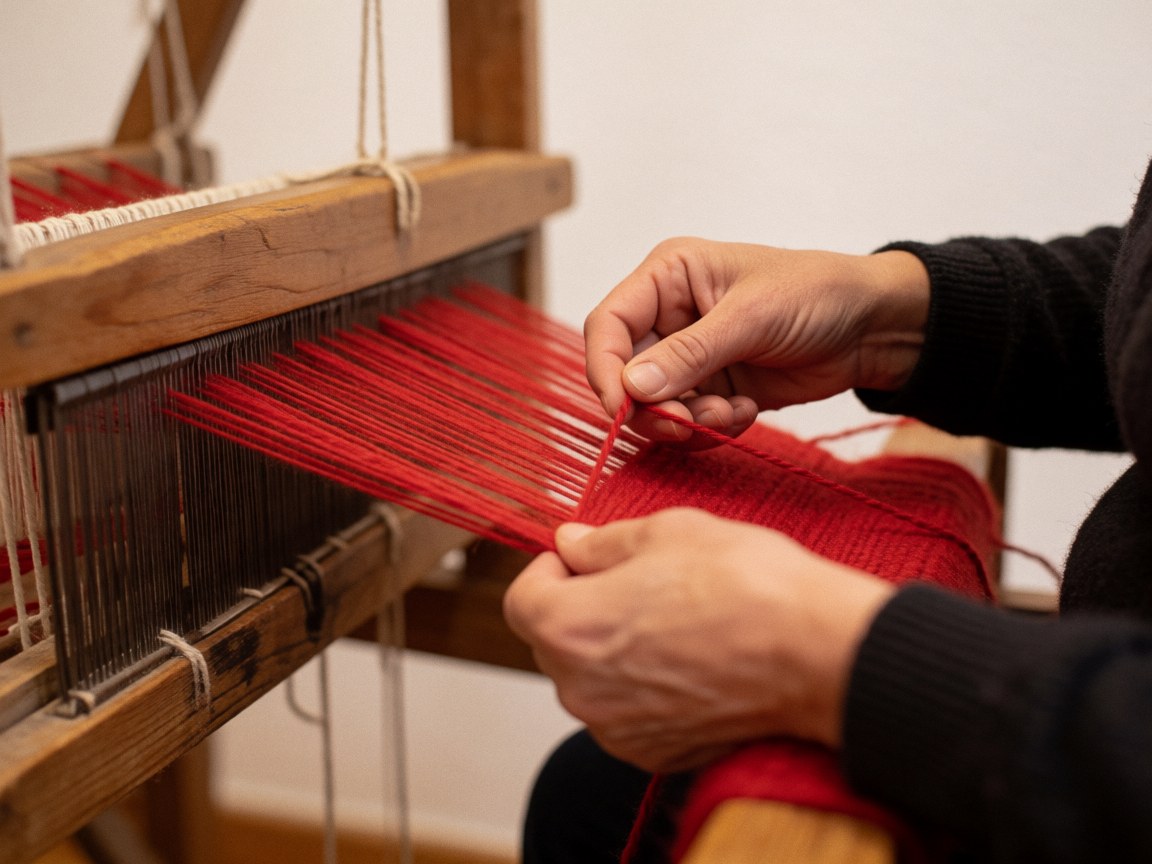 Close-up of hands weaving red wool on a rustic wooden loom with warm lighting against a white background, suitable for rural lodging details.
