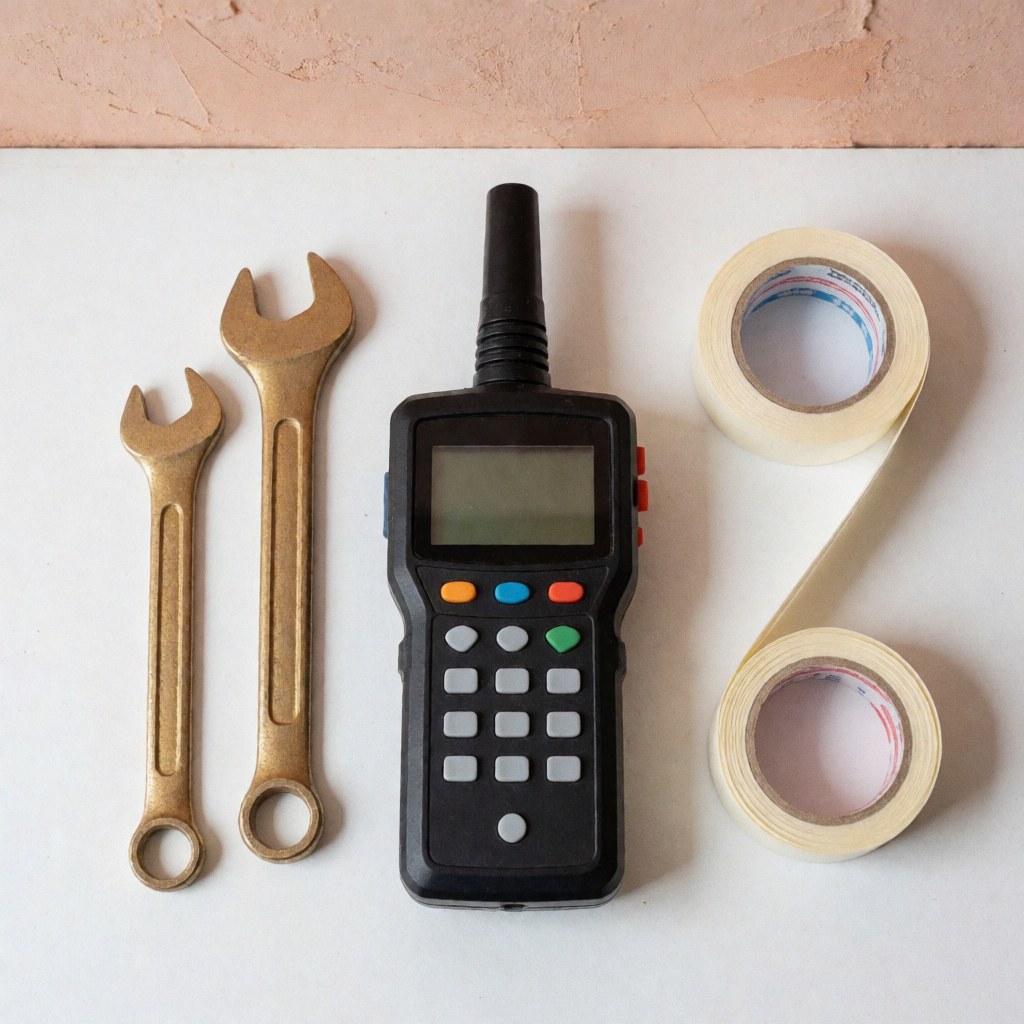 Professional gas detection kit with bronze keys, digital detector, and sealing tape on white surface and terracotta wall for emergency preparedness