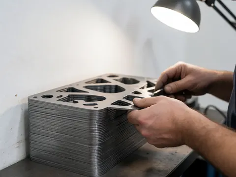 Close-up of a hand checking a metal plate with precise cuts, resting on a stack of similar plates under intense workshop lighting in an industrial setting.