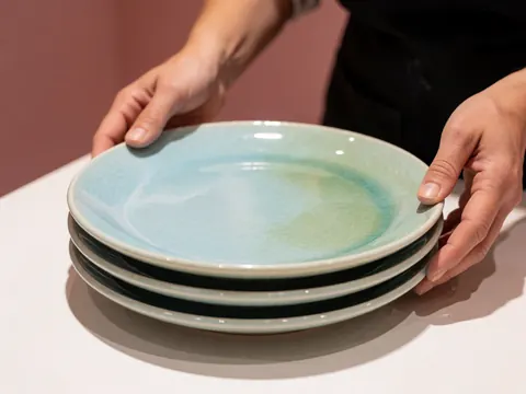 Close-up of artisan ceramic plates with blue and green crackle glaze held by hands over a white table against a pink wall