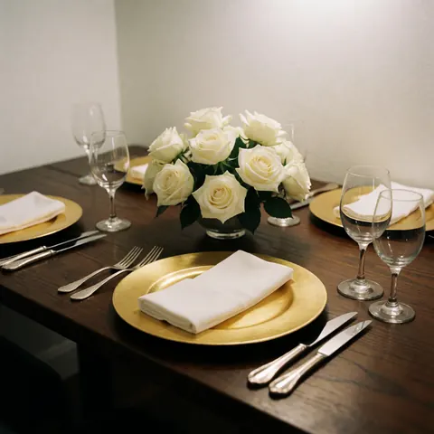 Elegant banquet table setting featuring gold plates, white napkins, silver cutlery, and a centerpiece of white roses in a vase.