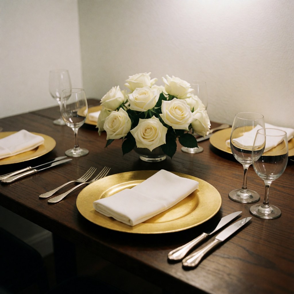 Elegant banquet table setting featuring gold plates, white napkins, silver cutlery, and a centerpiece of white roses in a vase.