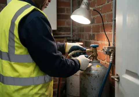 Technician connects a hose to a gas cylinder in a workshop with a brick wall and practical lighting.