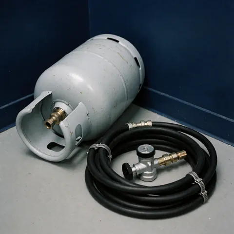 New LPG gas cylinder with black hose and metal clamps connected to a regulator, placed on a gray floor against a navy blue wall