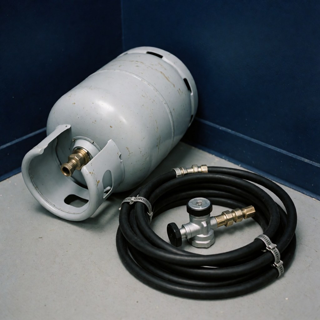 New LPG gas cylinder with black hose and metal clamps connected to a regulator, placed on a gray floor against a navy blue wall