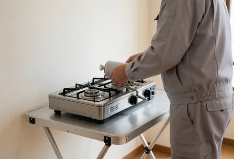 Technician in gray uniform connects camping stove with gas cylinder on aluminum folding table against warm white walls with natural lighting.
