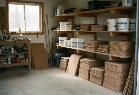 Natural light illuminates a cork flooring installation workshop featuring wooden shelves, stacked planks, and glue containers.