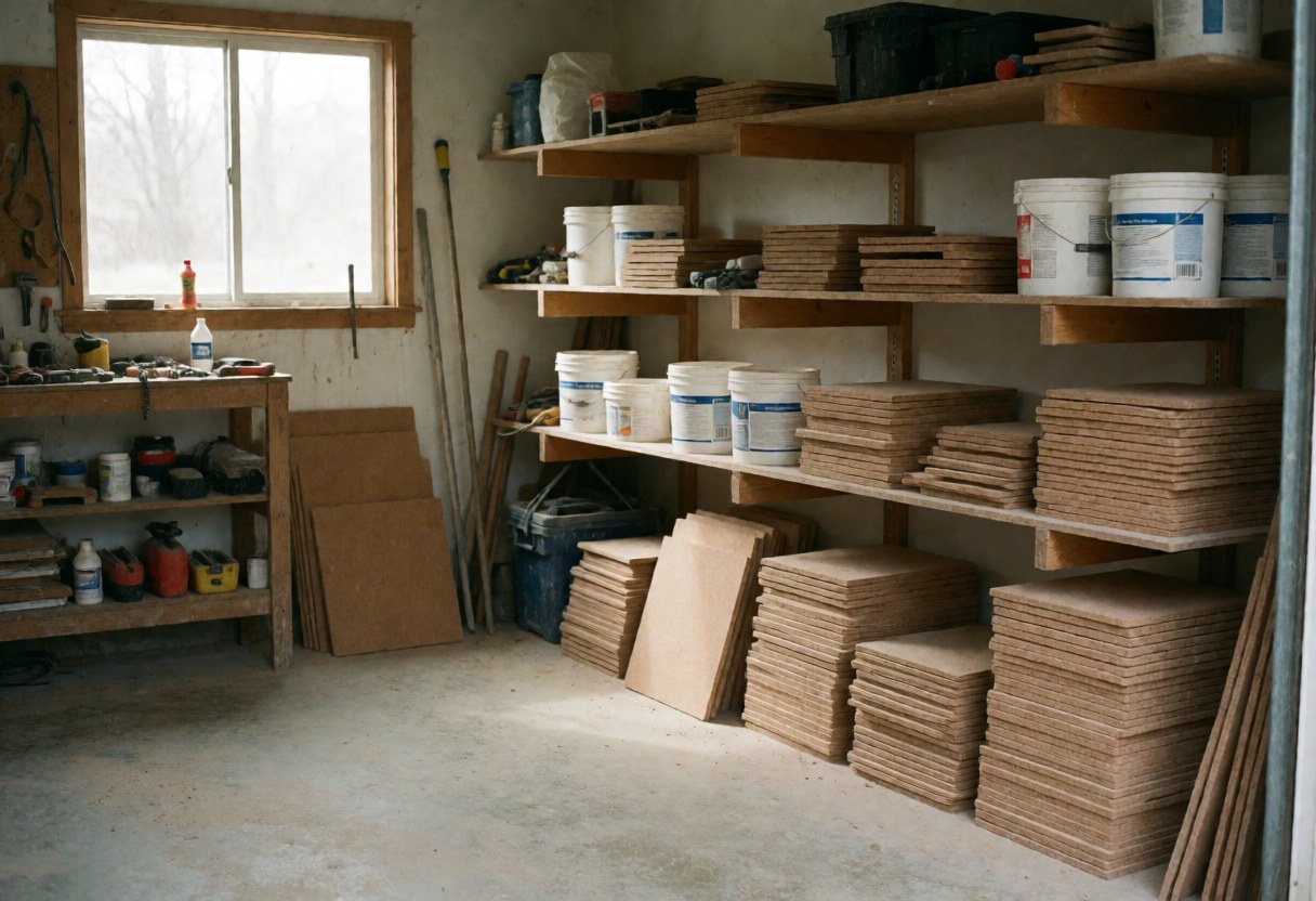 Natural light illuminates a cork flooring installation workshop featuring wooden shelves, stacked planks, and glue containers.