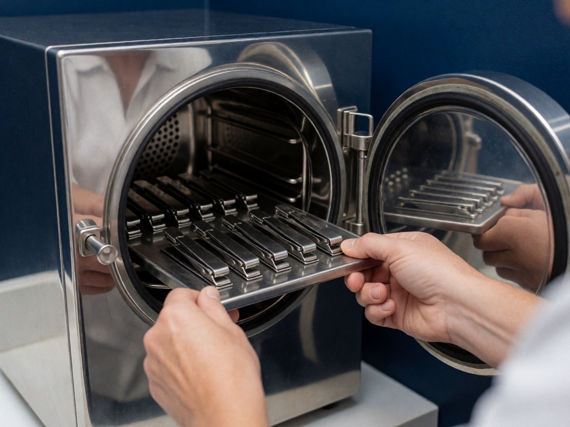 Hands removing a tray of sterilized manicure tools from a stainless steel autoclave against a dark blue background for a professional salon setting