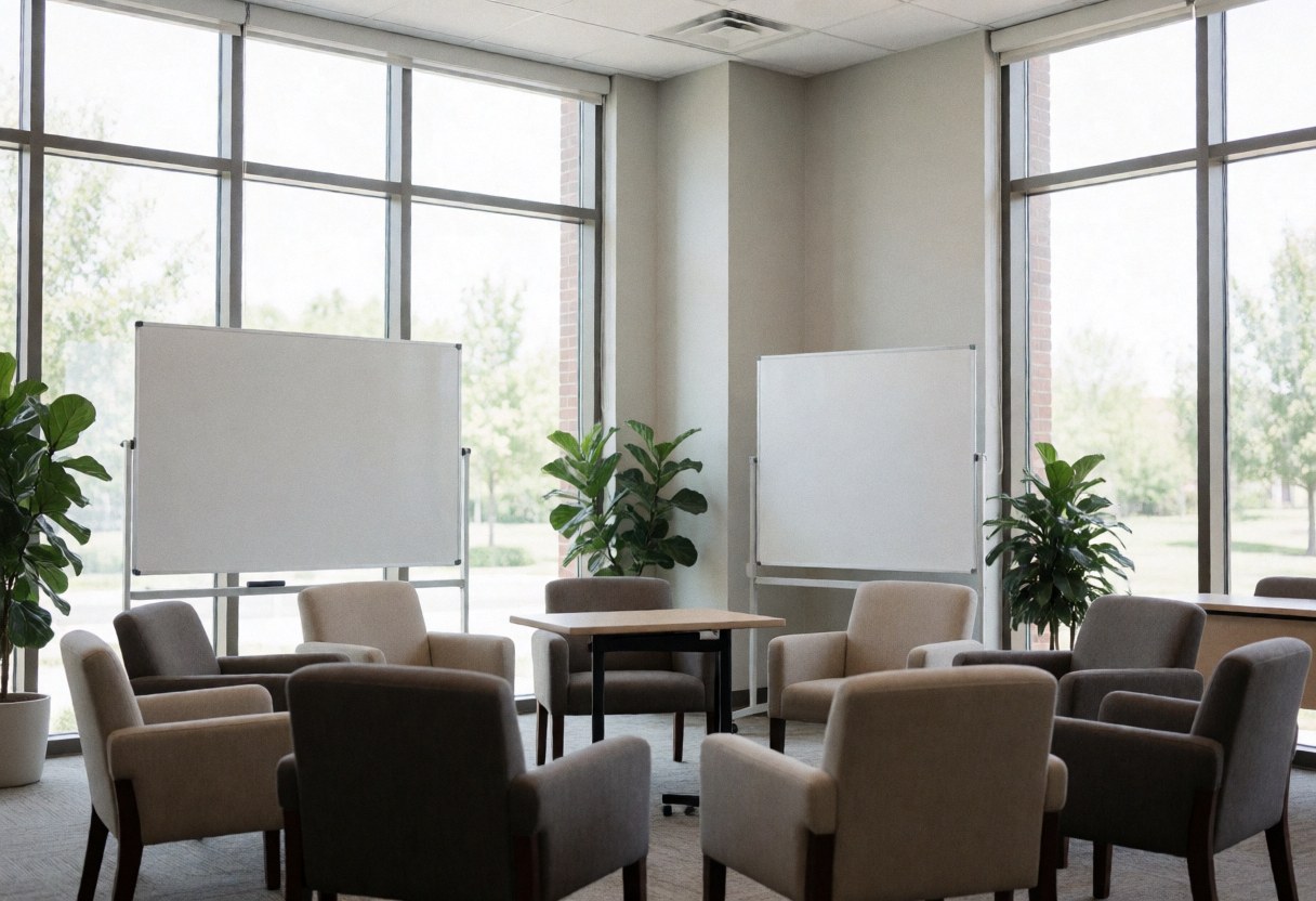 Classroom with comfortable chairs in a circle, whiteboards, and green plants. Large windows let in natural light. Cozy and professional atmosphere for Spanish classes.
